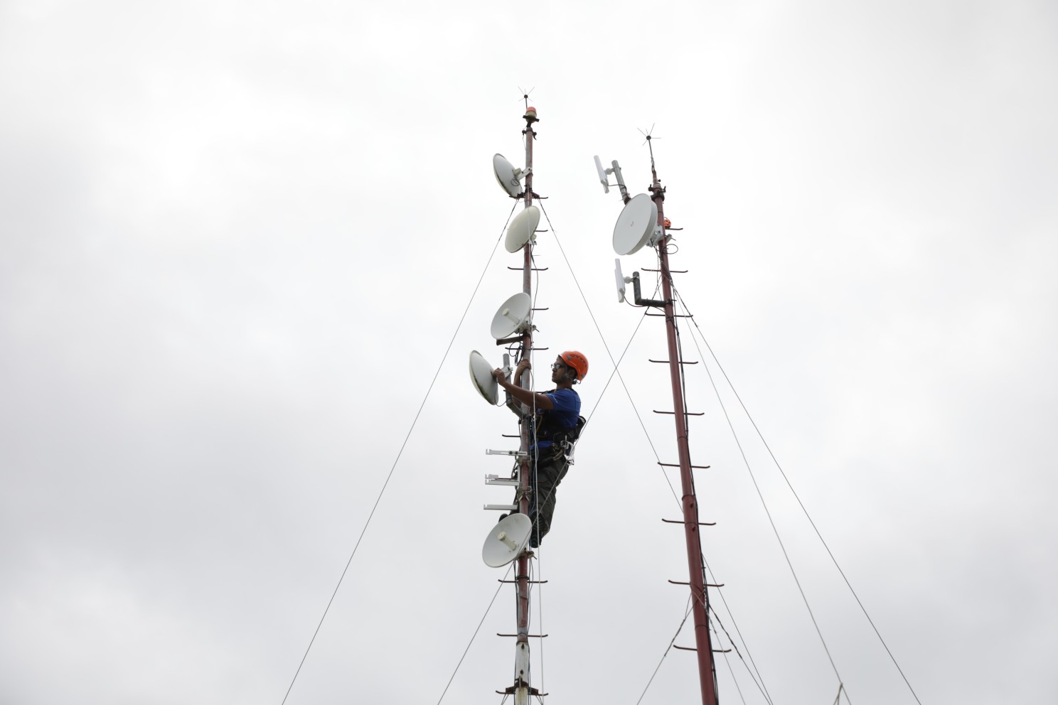 Shaown climbs a telecommunications tower