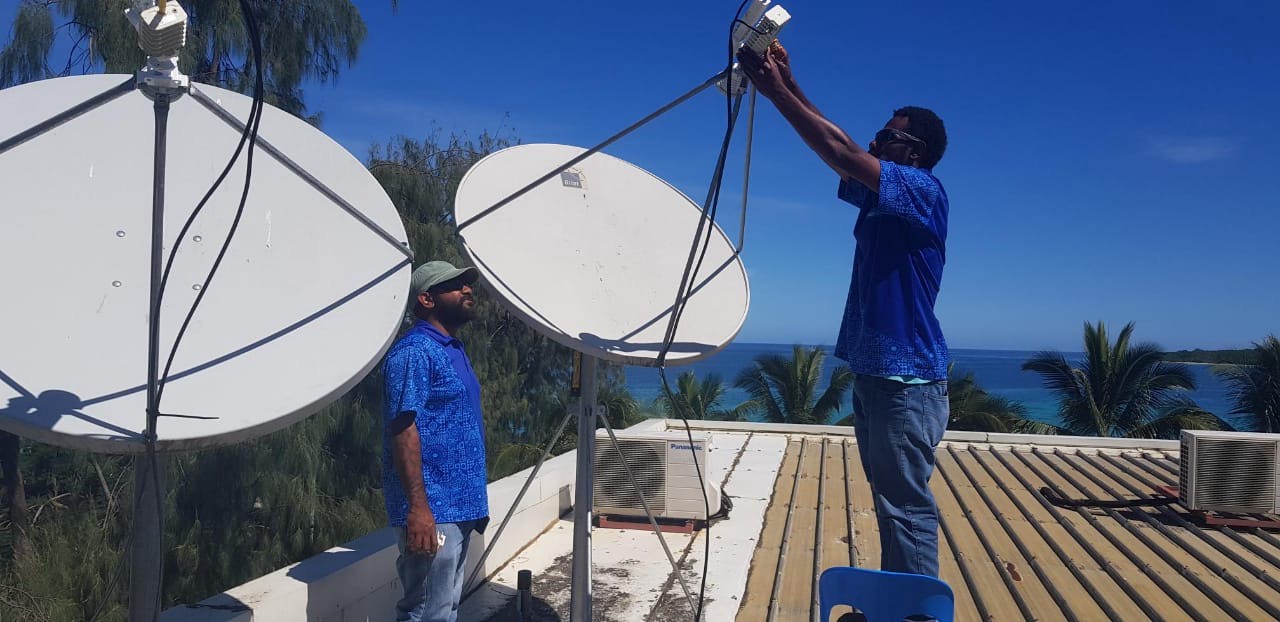 Wantok Vanuatu prepares satellite equipment donated by Charter signatory Intelsat for deployment to the worst affected islands in Vanuatu. Photo: Wantok Vanuatu